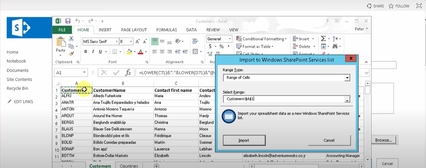 sharepoint file import window